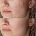 Side-by-side comparison showing improvement in mild acne scars and skin texture after multiple microdermabrasion sessions.