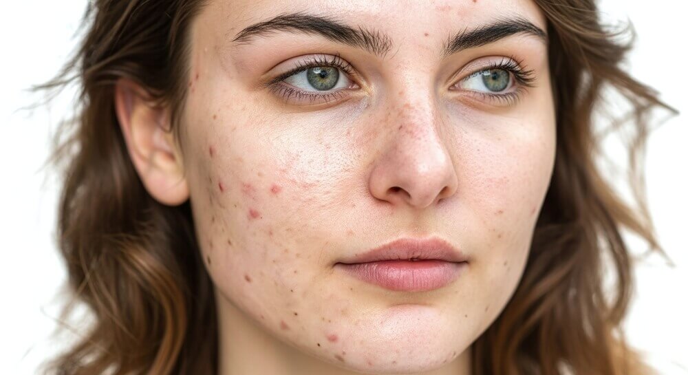 Close-up of woman with acne scars and uneven skin texture on her face before microdermabrasion treatment.