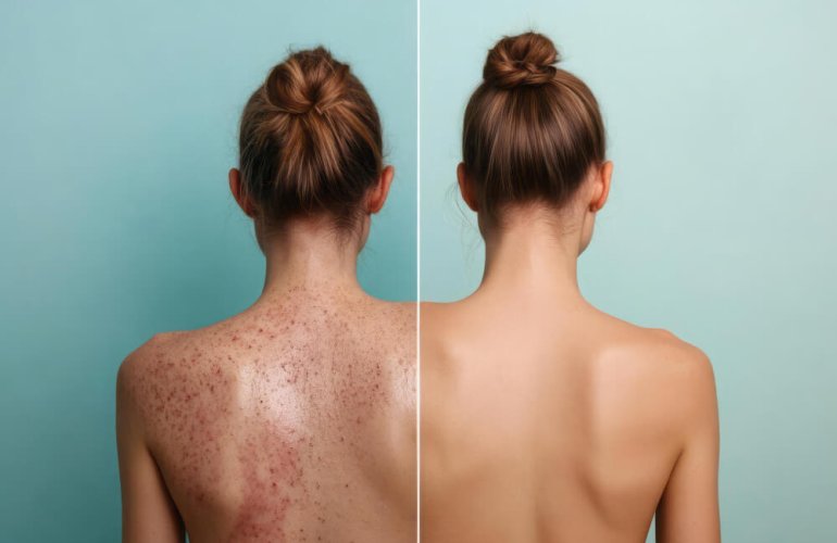 Back facial before and after results showing reduced acne and clearer skin