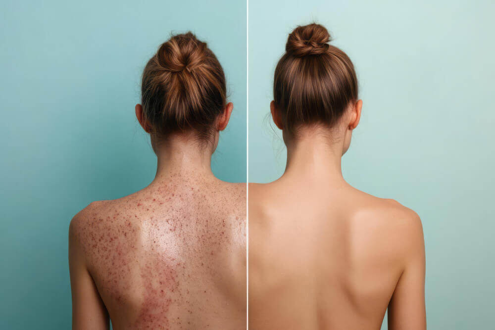 Back facial before and after results showing reduced acne and clearer skin