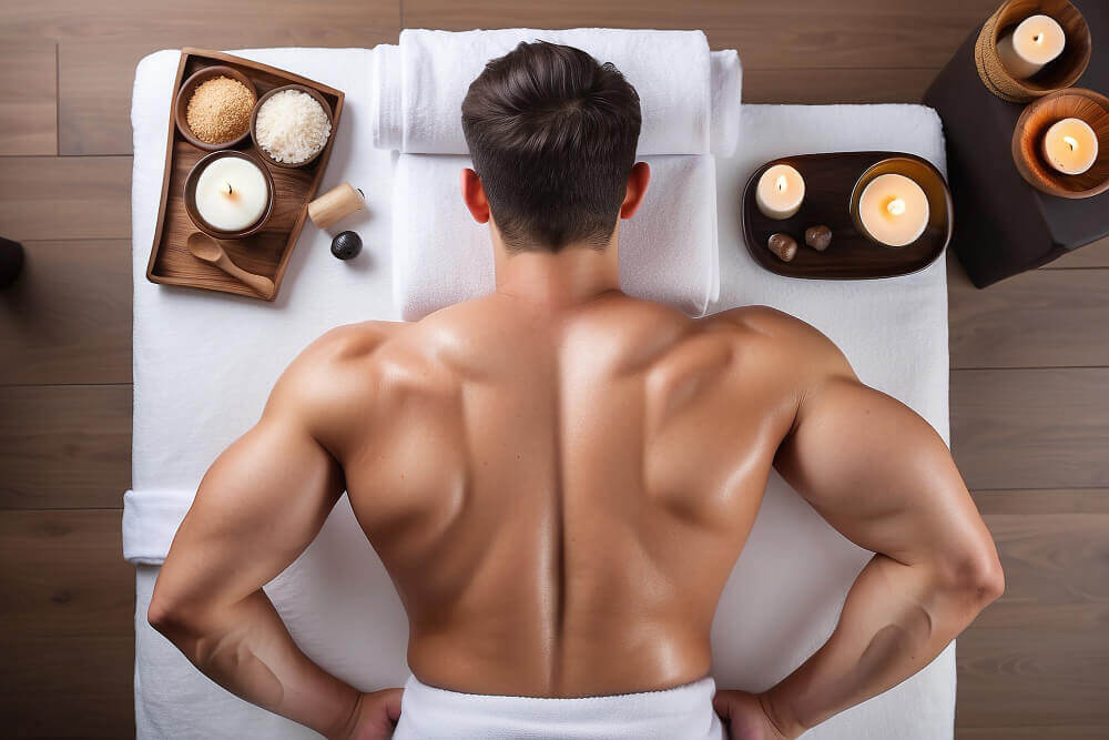 Esthetician performing spa back facial of man cleansing and exfoliation 