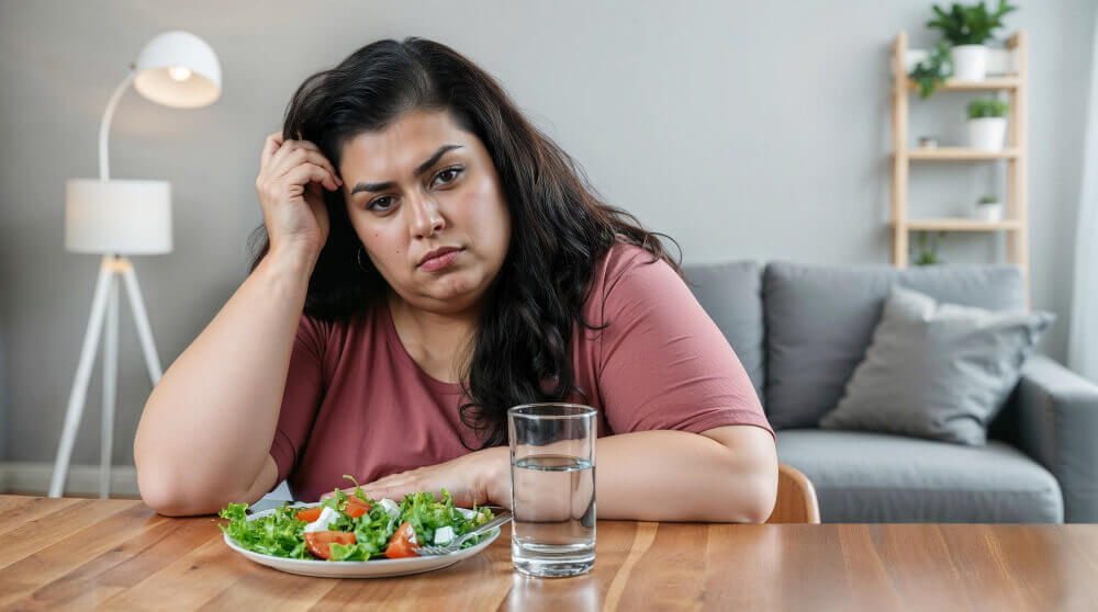 Woman worried because of weight gain and looking for bioidentical hormone replacement therapy for weight loss and hormonal balance treatment