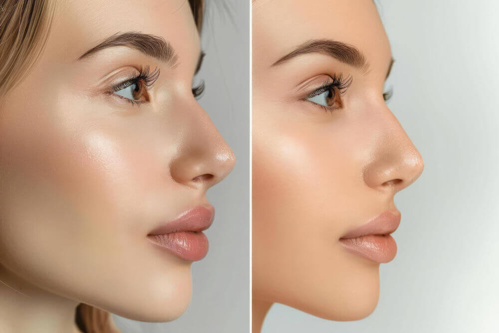 before and after cheek filler. Close-up of refreshed and youthful face after cheek filler rejuvenation
