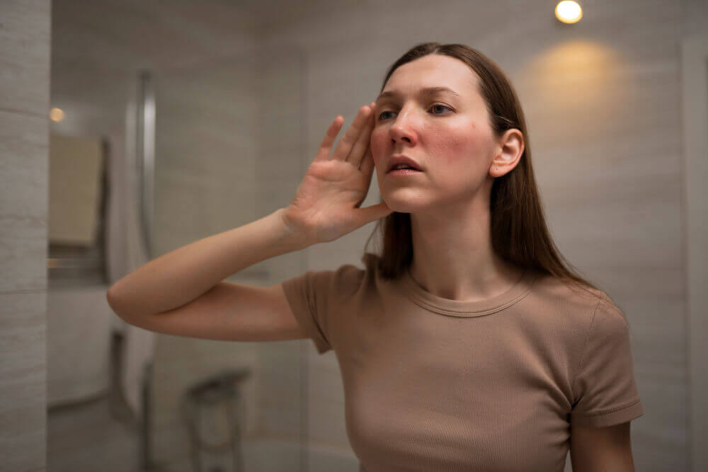 lady with redness on skin before yellow LED light therapy