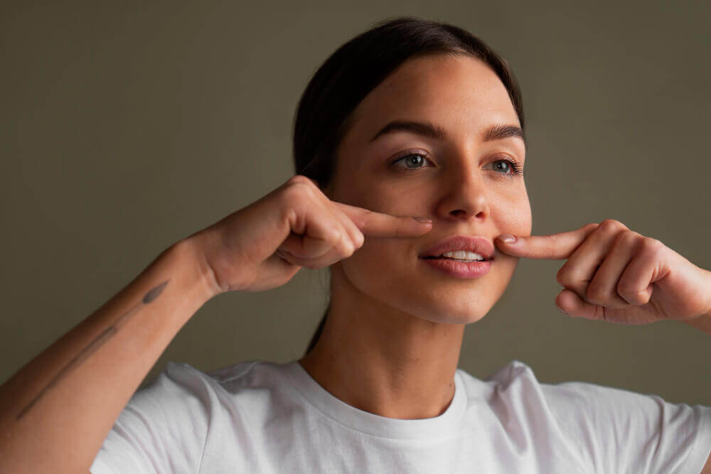 Middle-aged woman looking in the mirror and touching smile lines around her mouth before Botox or filler treatment.