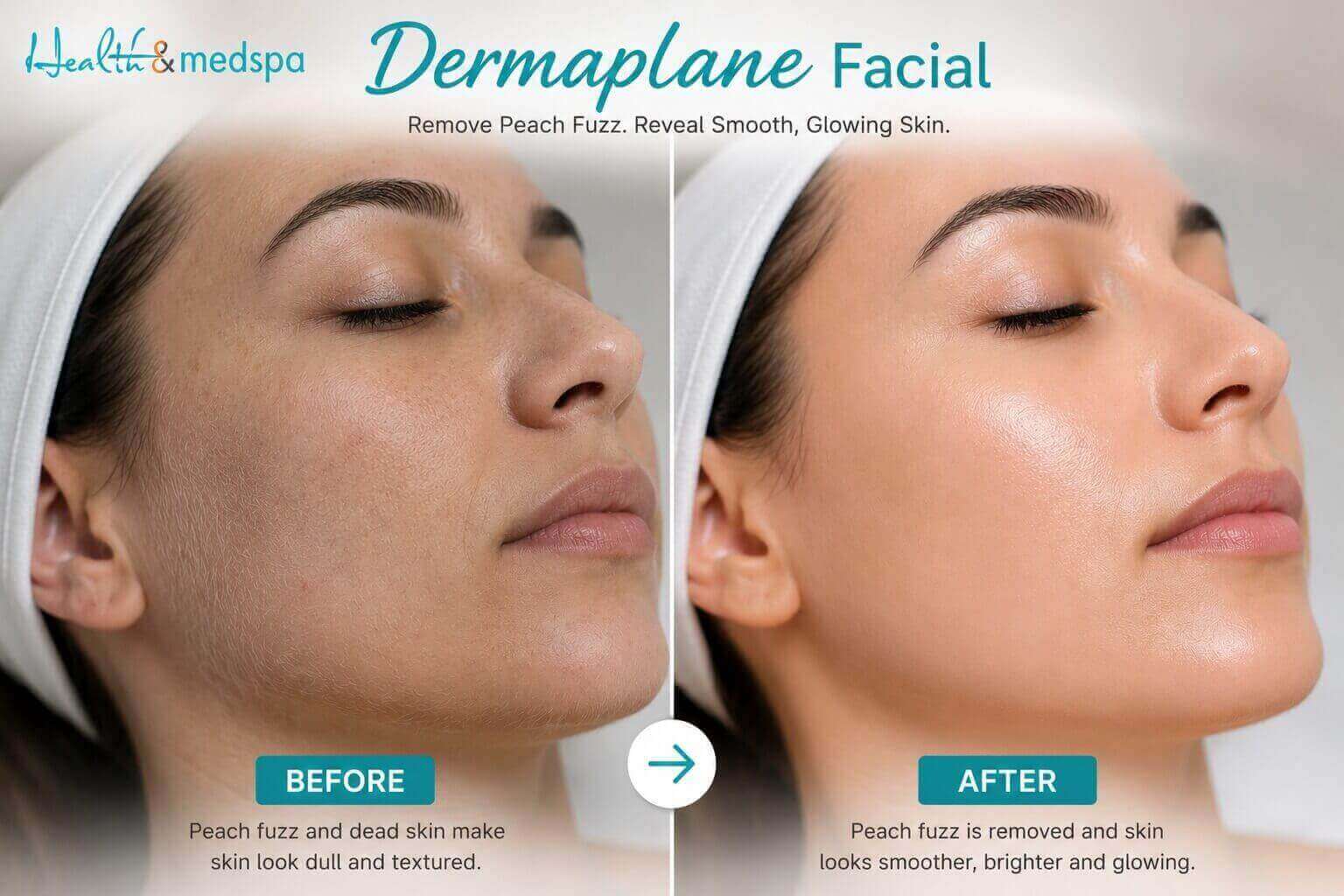 Before and after results of dermaplaning facial showing smoother brighter skin
